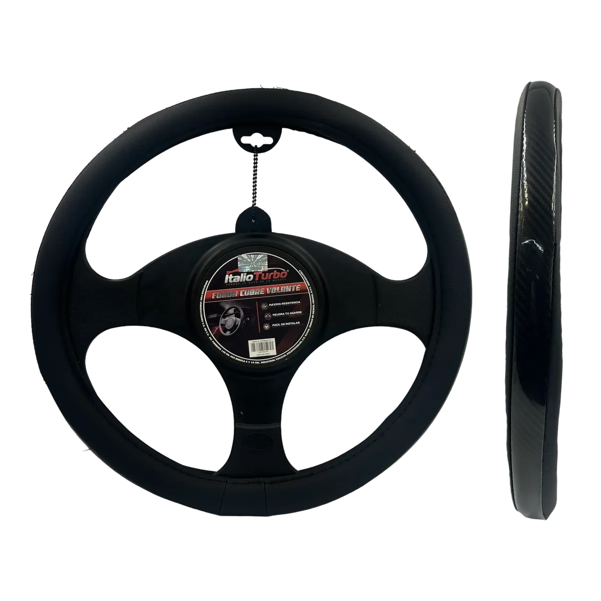 Funda cubrevolante para camioneta de piel con detalle tipo fibra de carbono