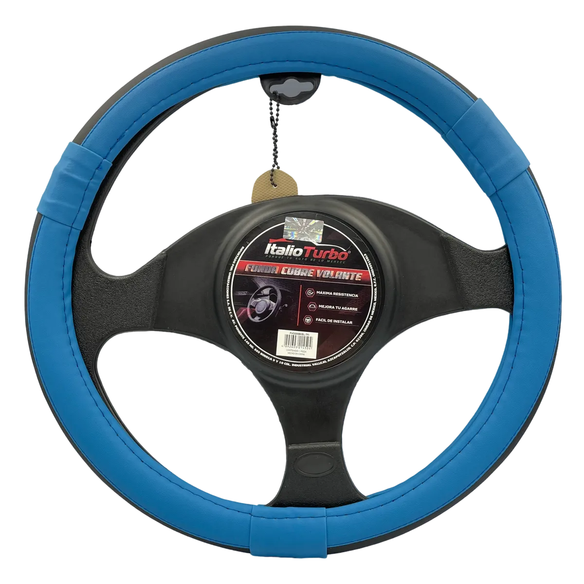 Funda cubrevolante de vinipiel color negro con detalle azul