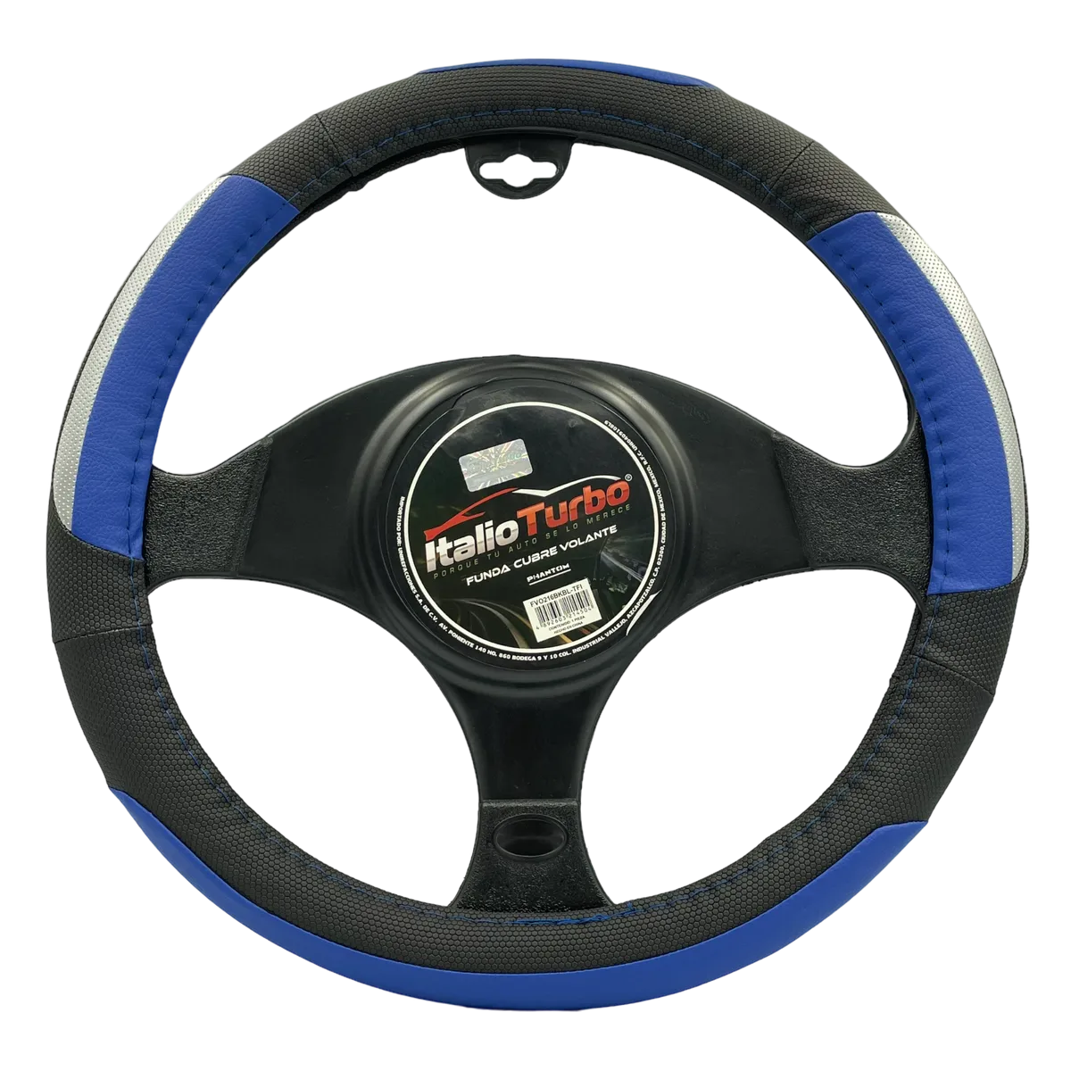 Funda cubrevolante de vinipiel color negro con detalle azul y gris