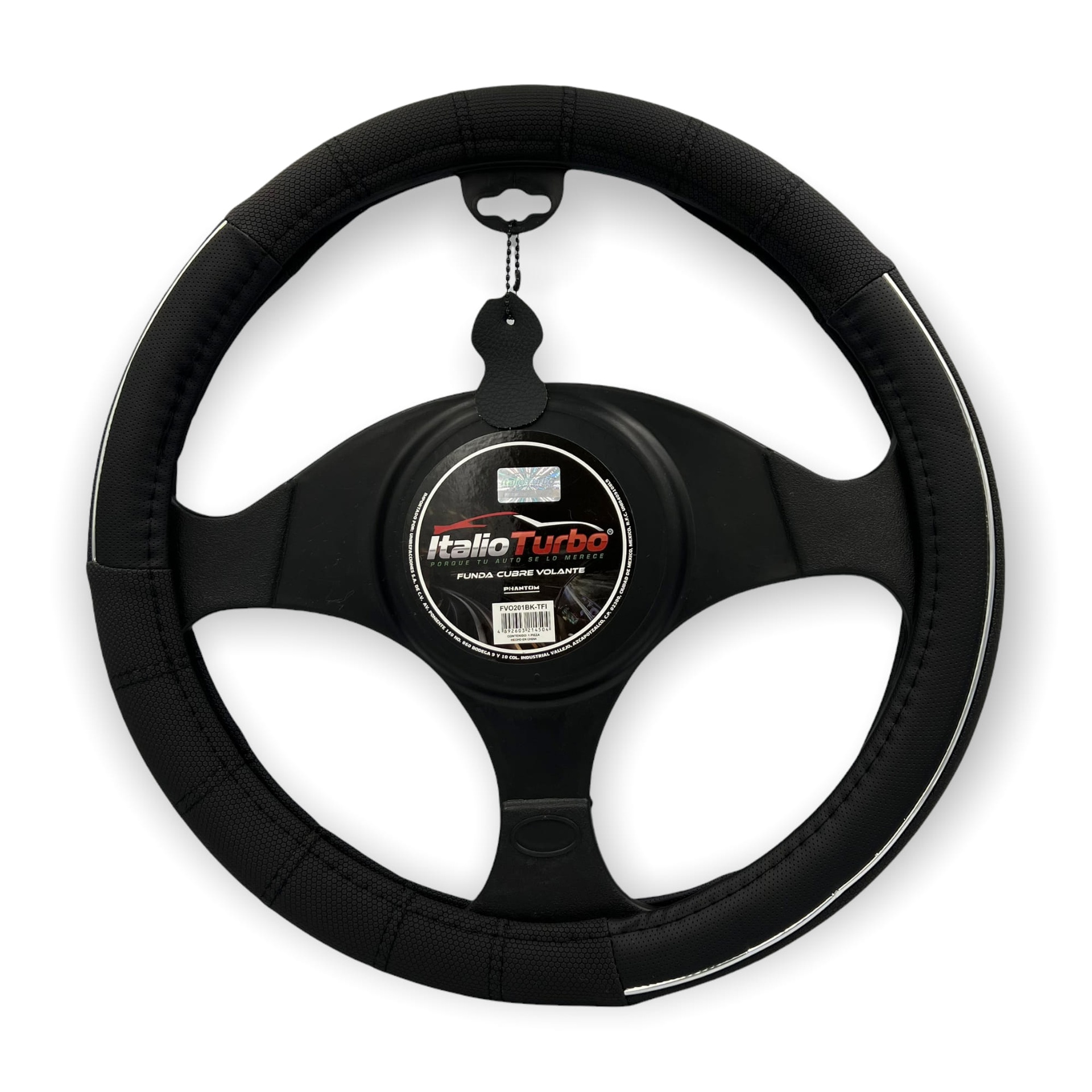 Funda cubrevolante de vinipiel negro con tira cromo