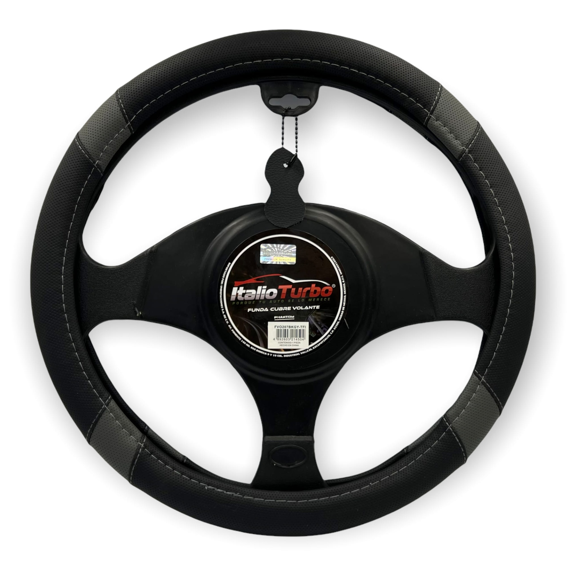 Funda cubrevolante de vinipiel negro con detalles en gris
