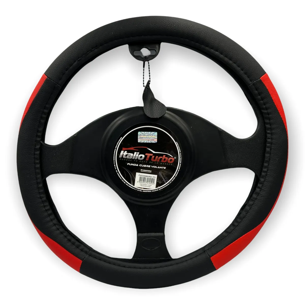 Funda cubrevolante de vinipiel negro con costados en rojo