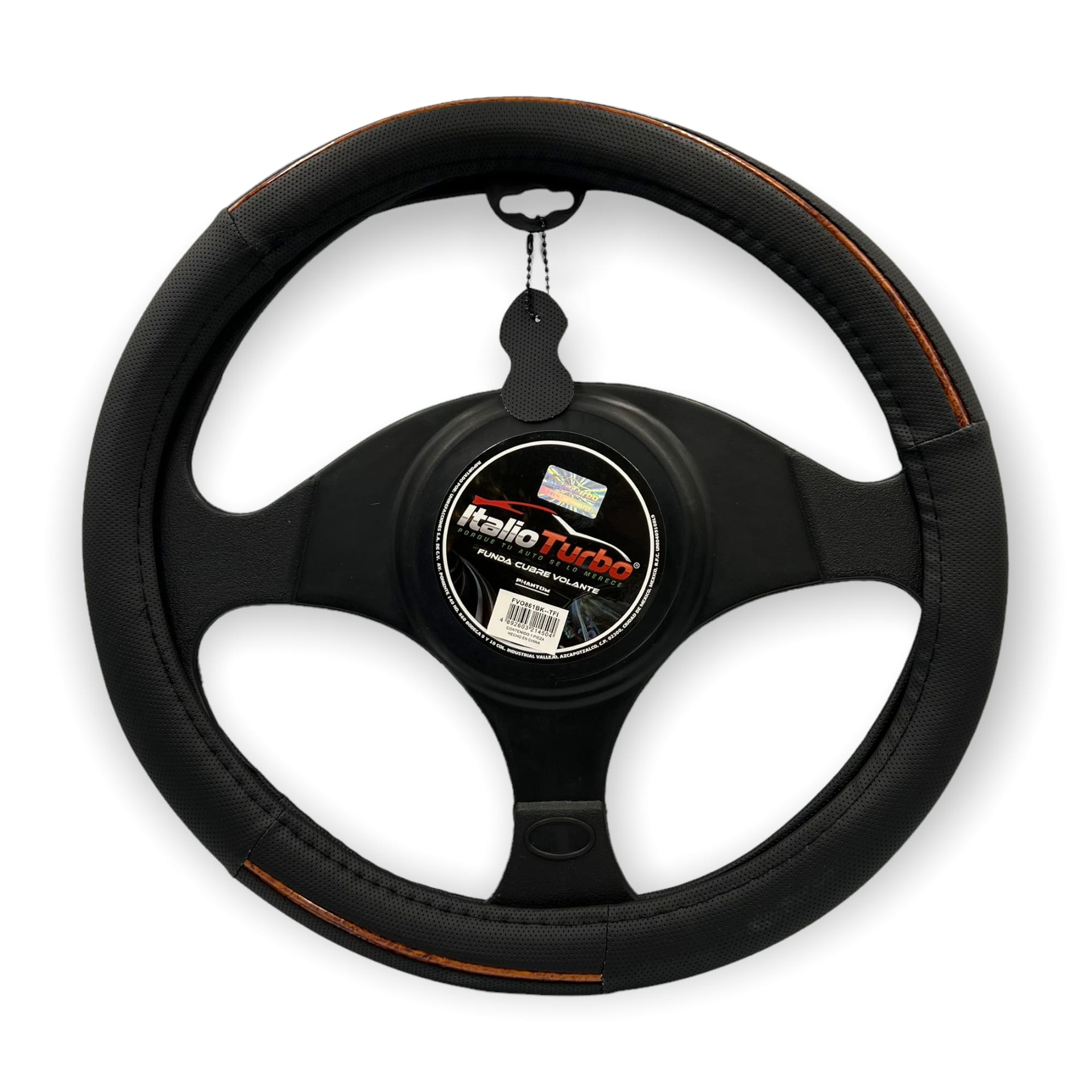 Funda cubrevolante de vinipiel negro con tira acabado madera