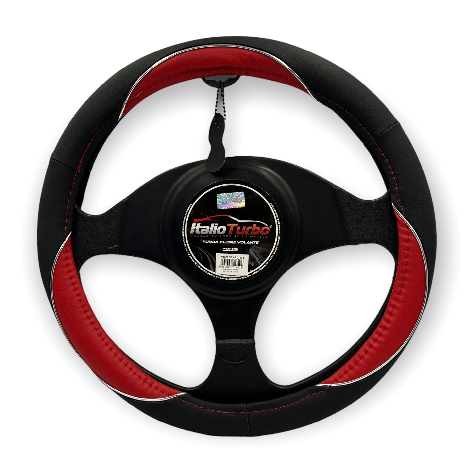 Funda cubrevolante de vinipiel negro con detalles en rojo y cromo