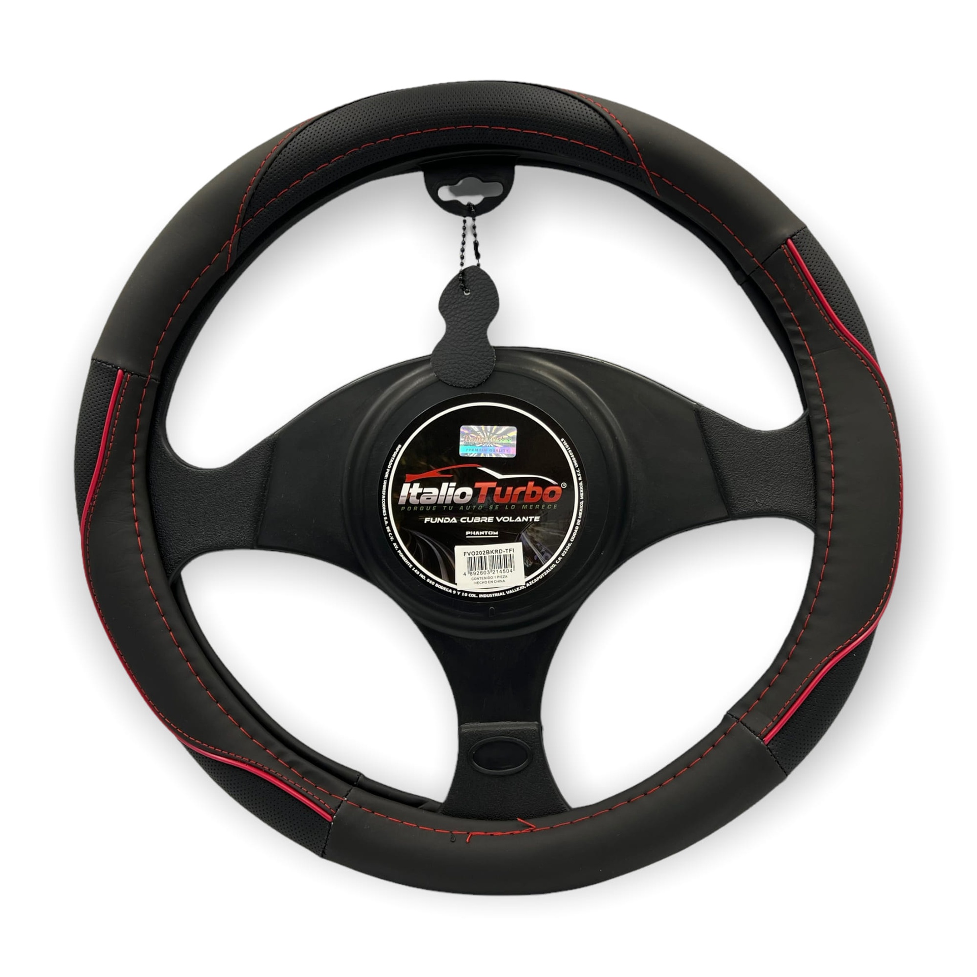 Funda cubrevolante de vinipiel negro con tira rojo