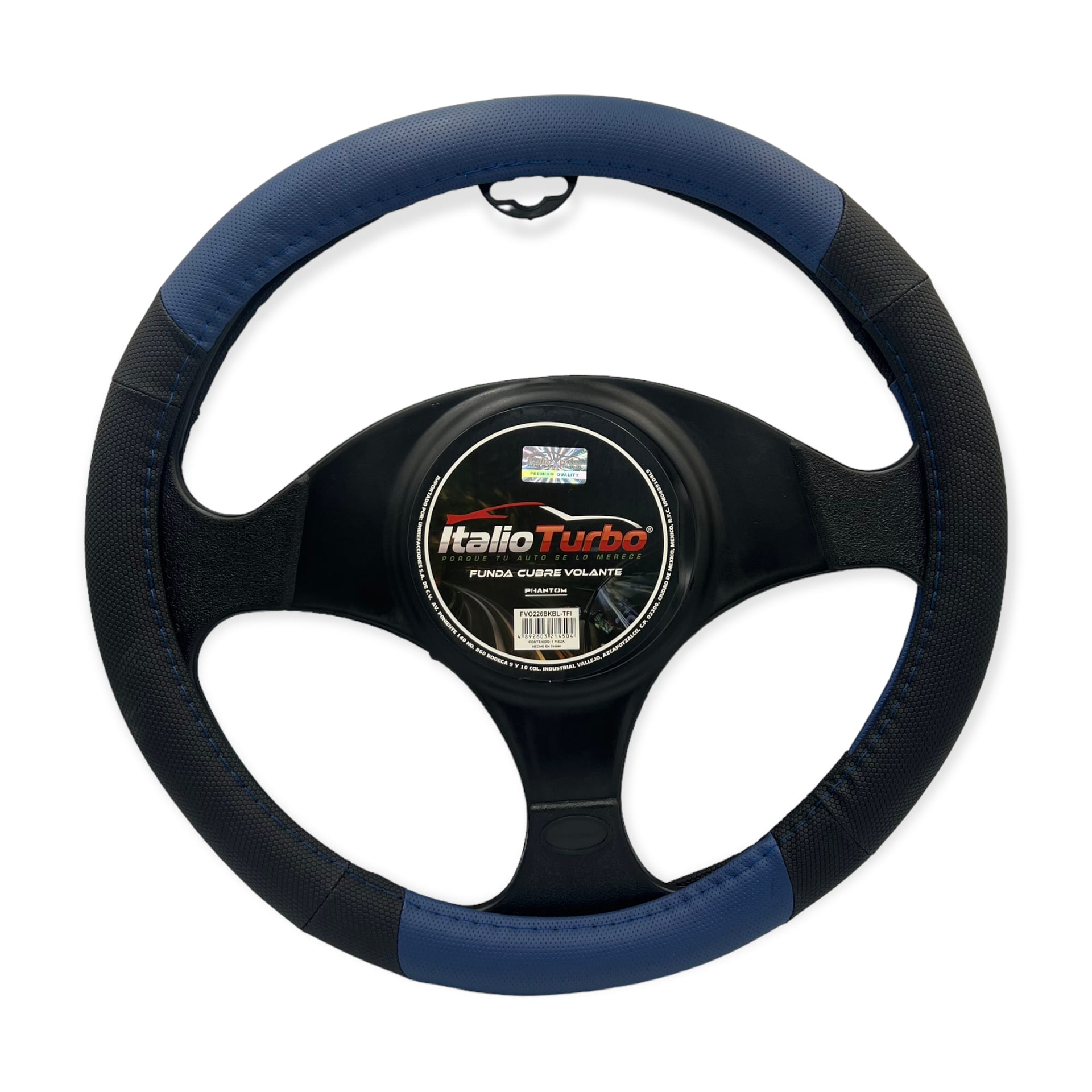 Funda cubre volante de vinipiel con detalles en azul