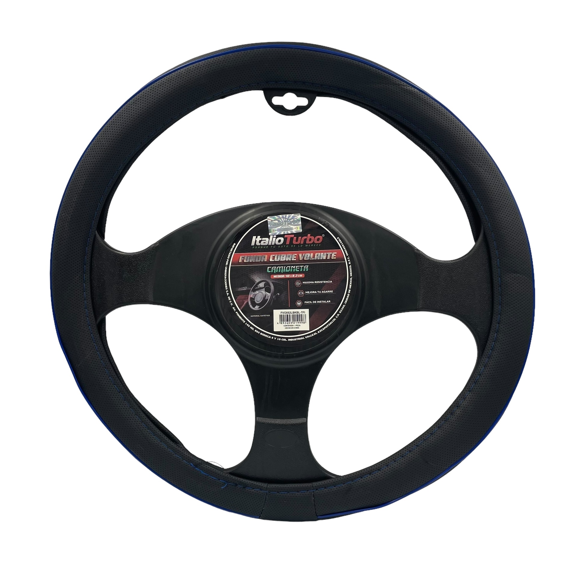 Funda cubrevolante de vinipiel con detalle azul para camioneta