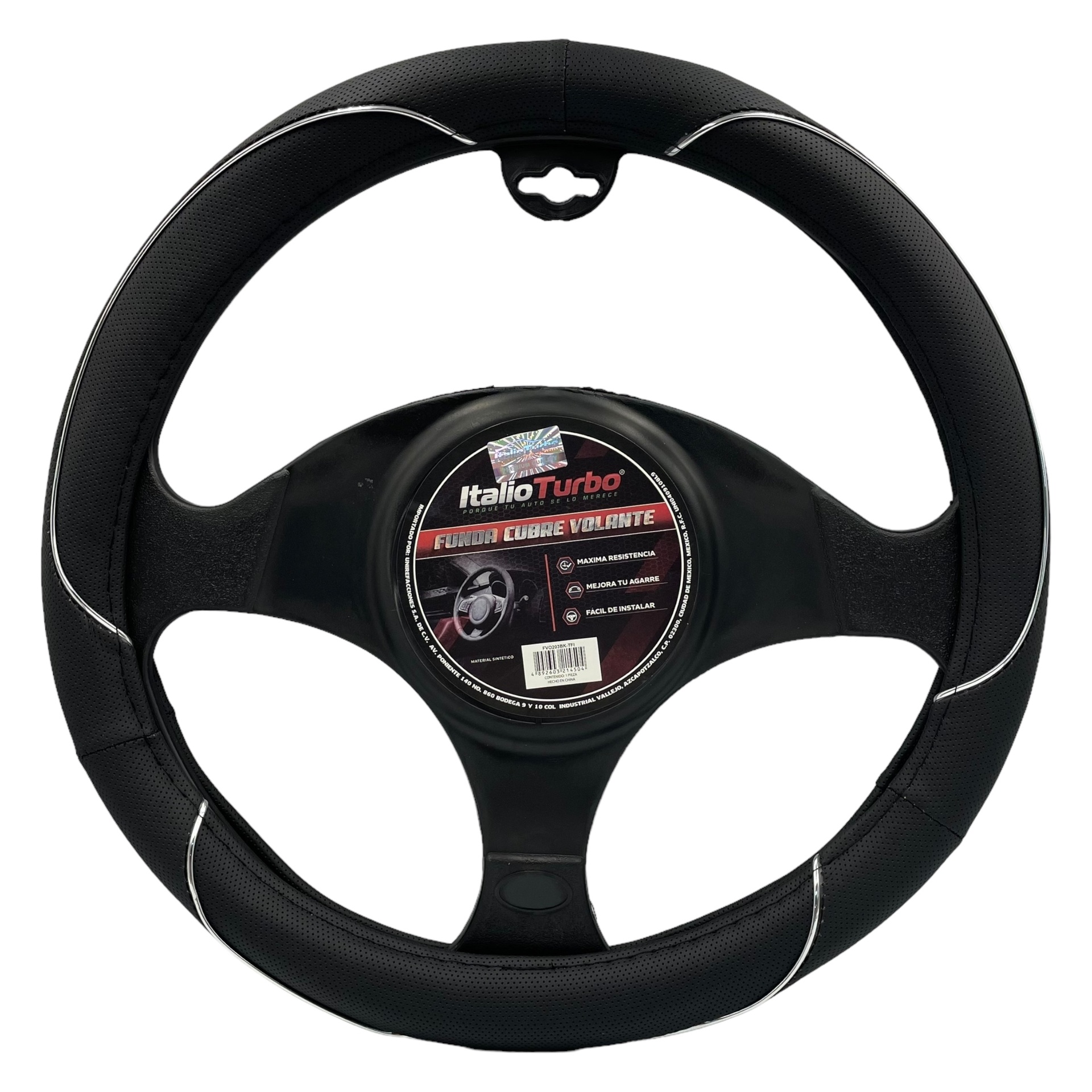 Funda cubrevolante de vinipiel negro con detalles cromo
