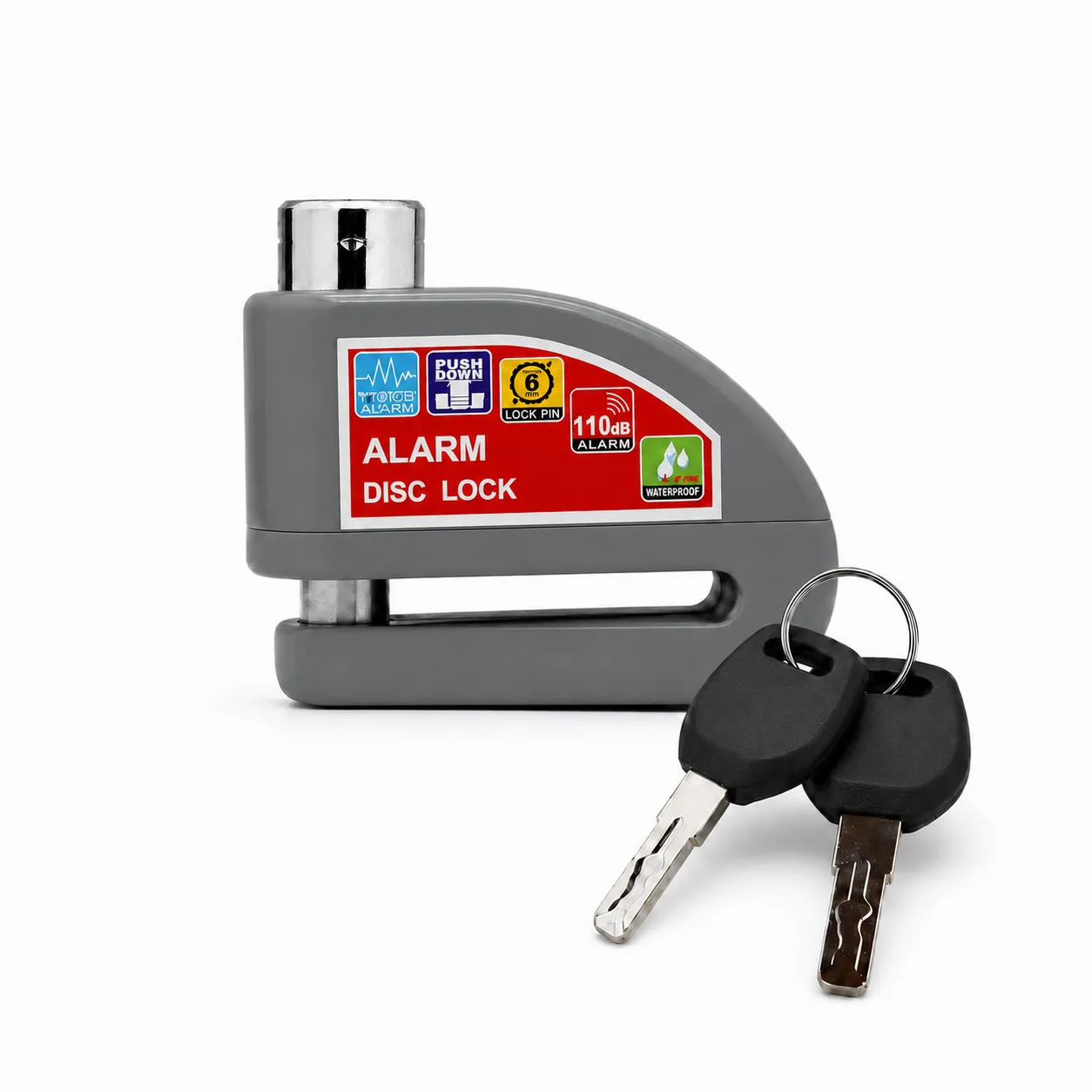 Candado gris para disco de moto con alarma