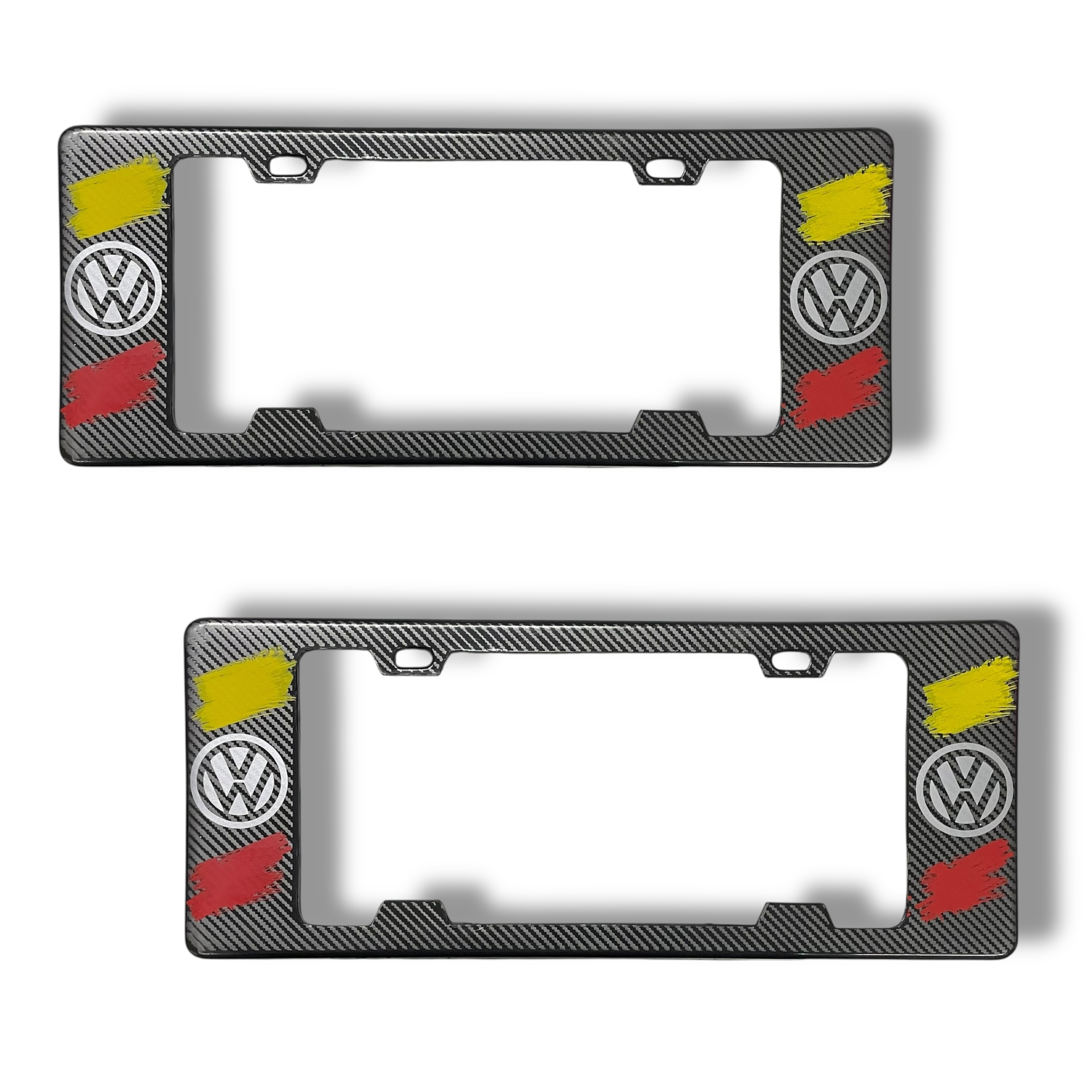 Portaplaca legal con diseño VW rayas amarilla y roja