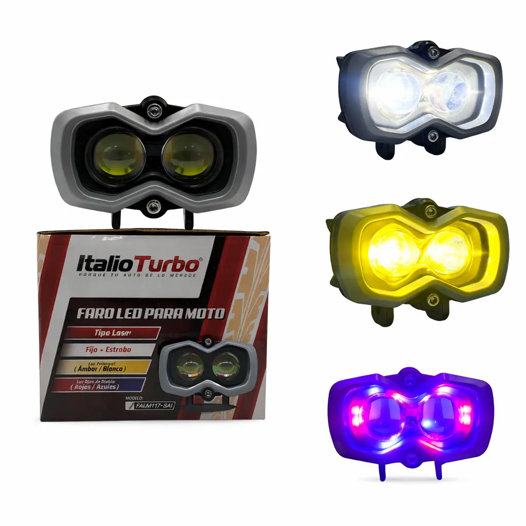 Faro LED bicolor turbo y con ojos de diablo azul/rojo