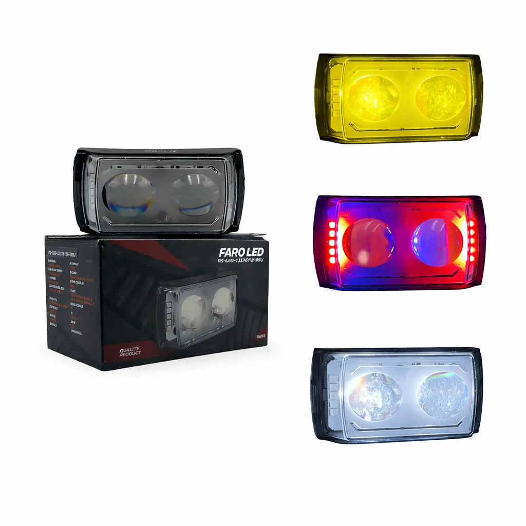 Faro LED con doble lupa bicolor y cuartos patrulla