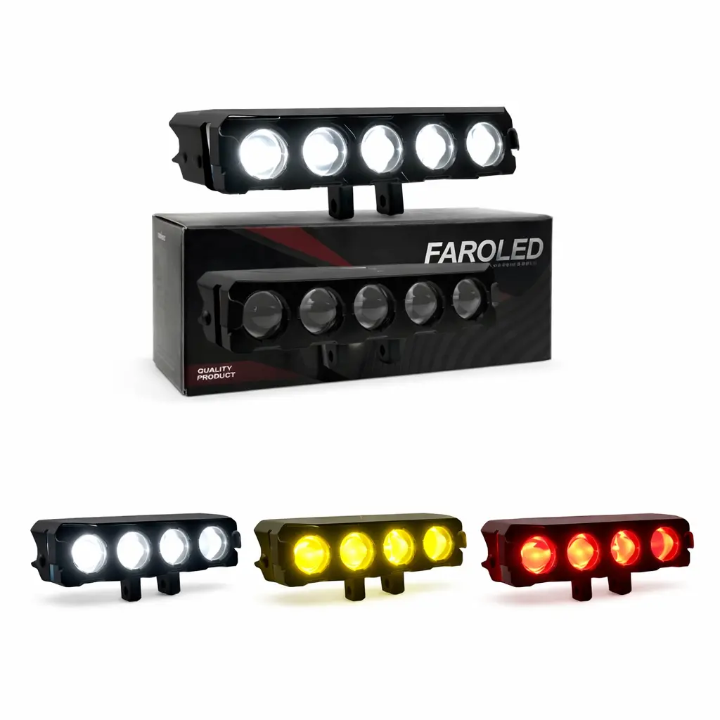 Faro LED con 5 lupas y halo intermedio (ámbar/blanco/rojo)