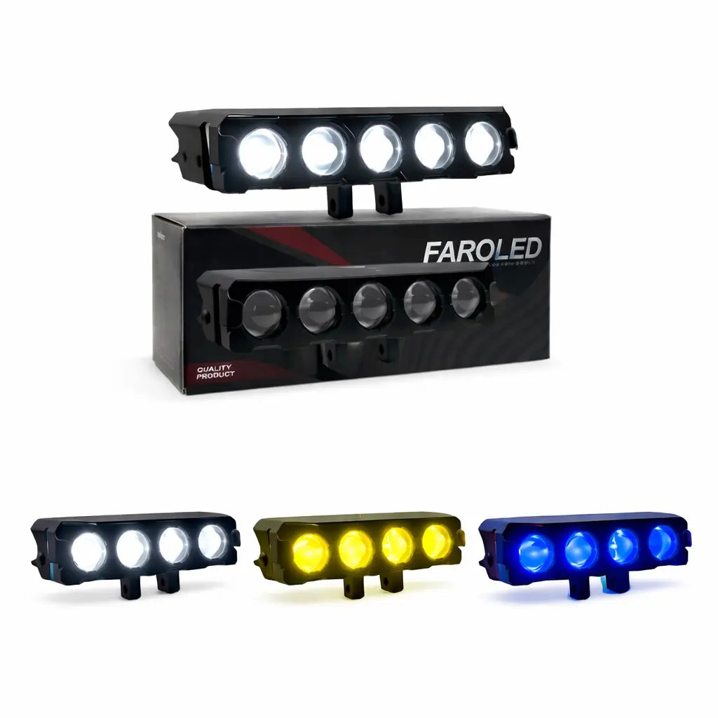 Faro LED con 5 lupas y halo intermedio (ámbar/blanco/azul)