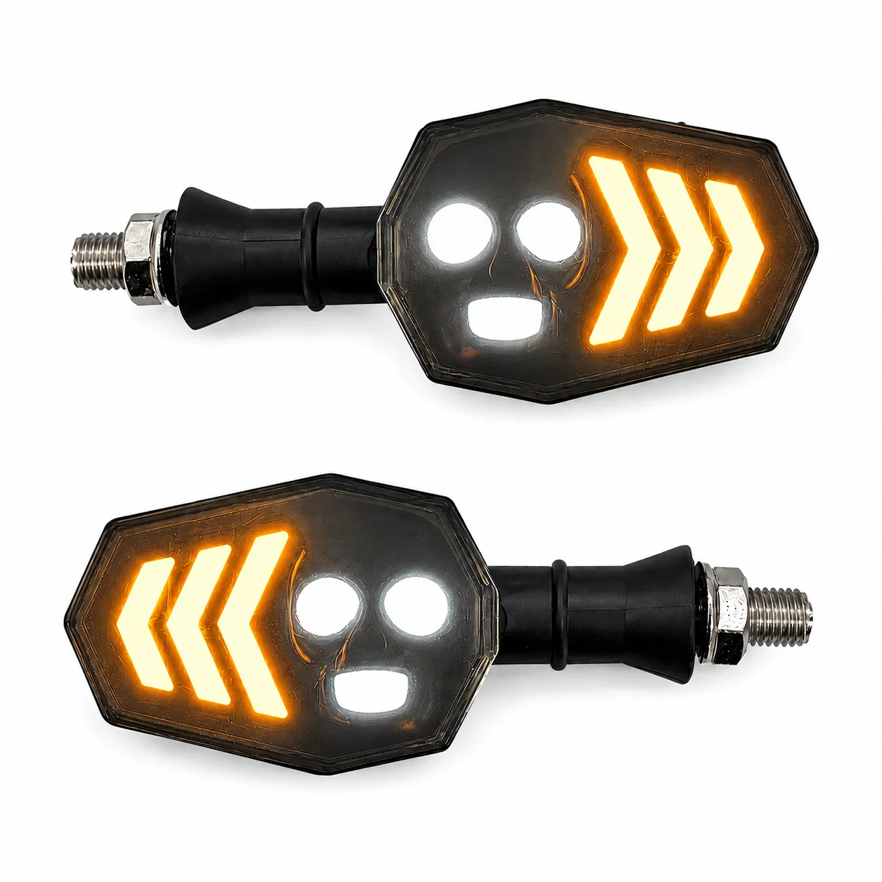 Direccional LED tipo flecha y calavera con luz blanca y secuencial ámbar