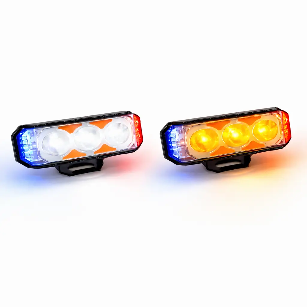 Faro rectangular LED con 3 lupas bicolor y cuarto patrulla