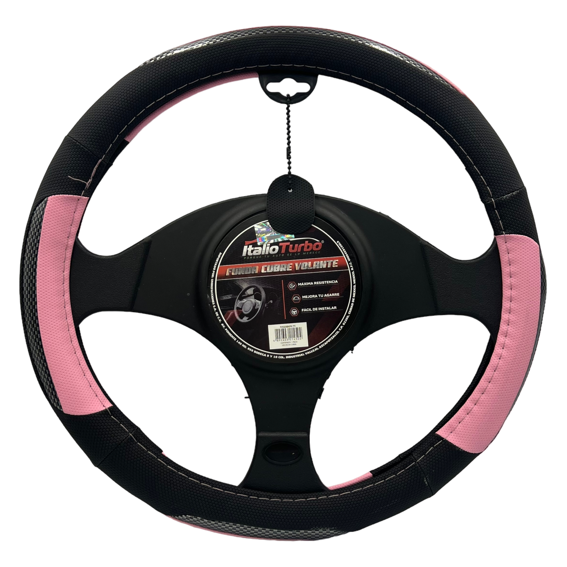 Funda cubrevolante de vinipiel con detalle negro y rosa