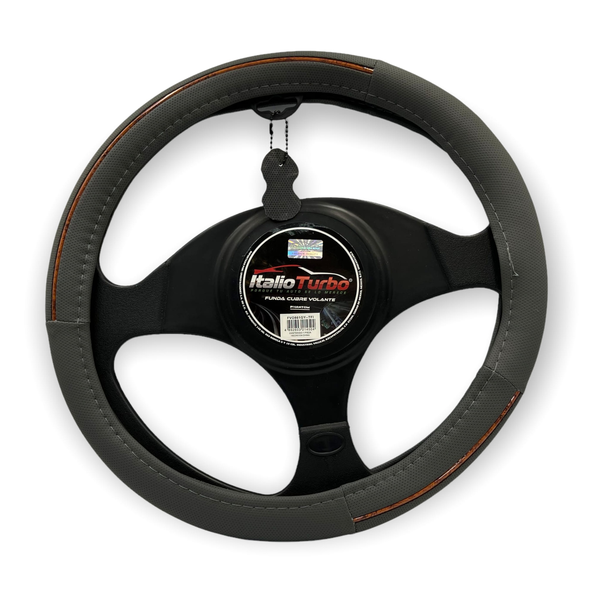 Funda cubrevolante de vinipiel gris con tira acabado madera