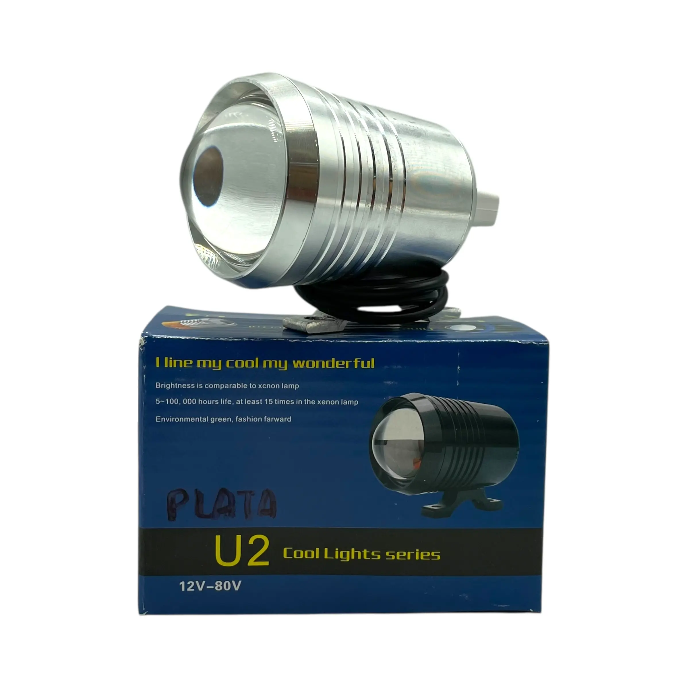 Faro LED de lupa para moto con base carcaza de colores · Plata