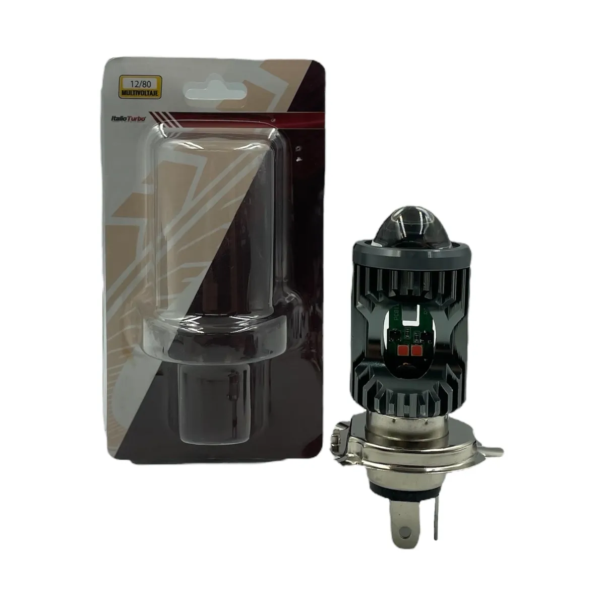 Foco LED con lupa para motocicleta H4 con funciones y luz bicolor, azul y roja