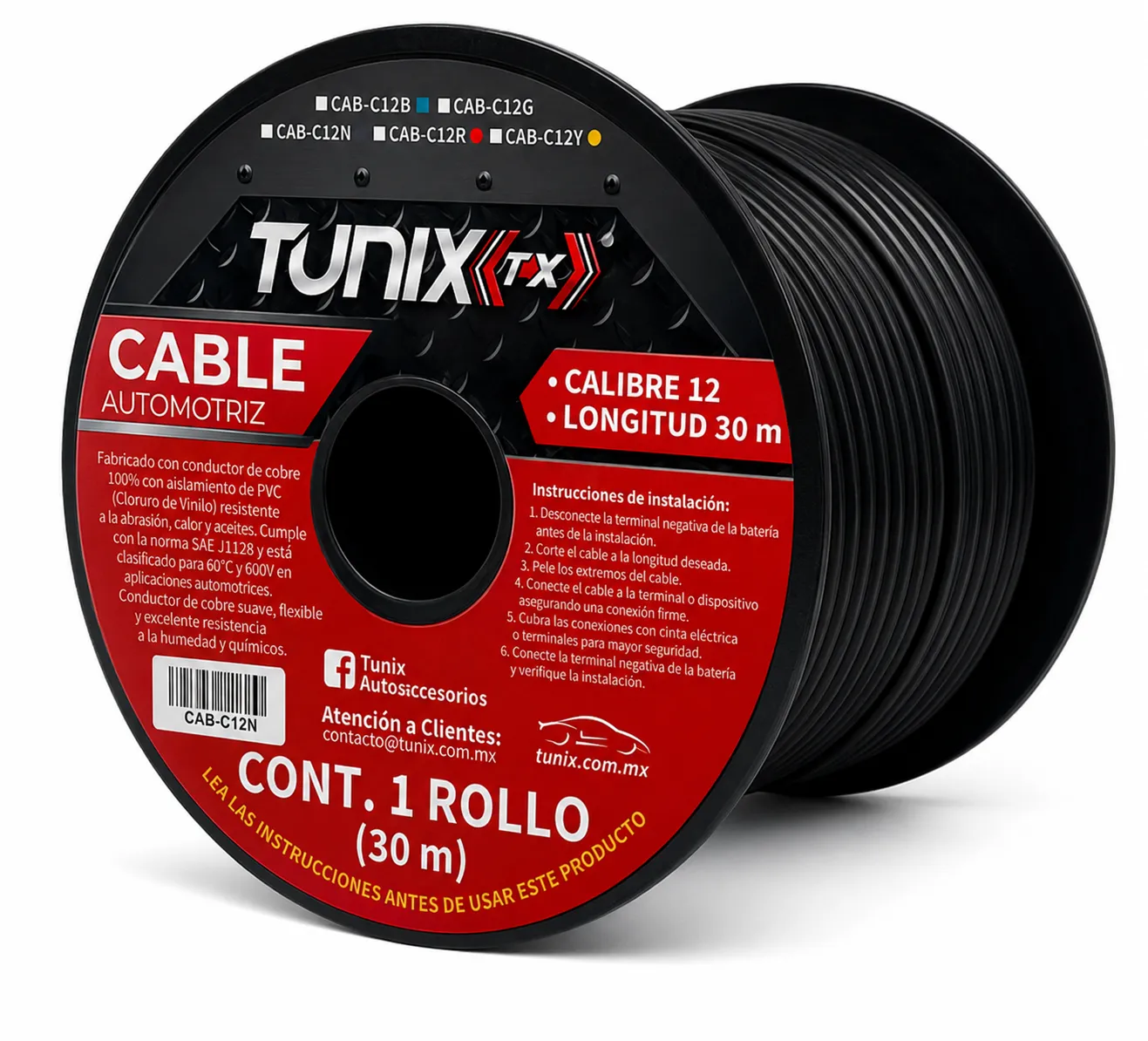 Cable negro de instalación calibre 12 (30 m)