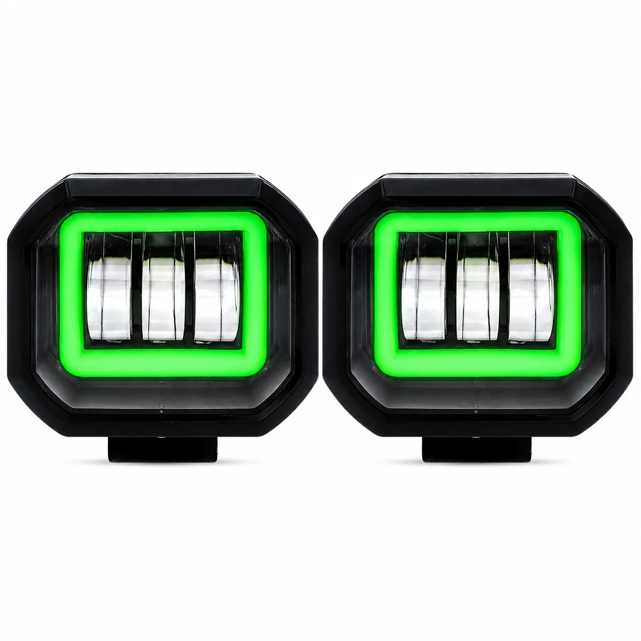 Faro de LED  verde cuadrado con 3 lupas y arillo de gel