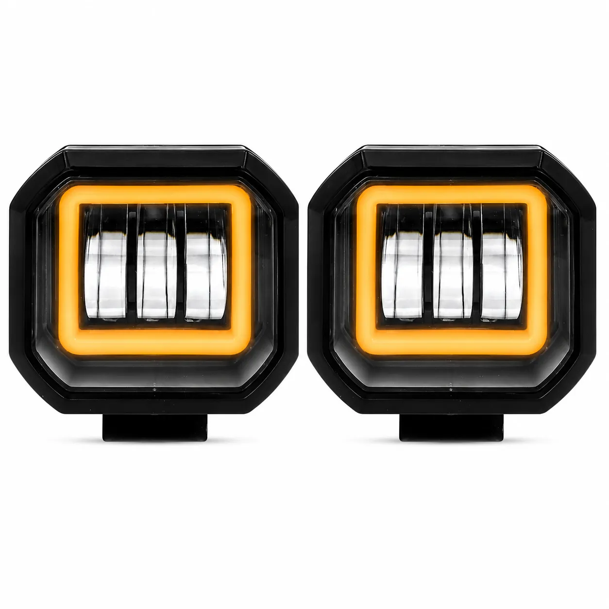 Faro de LED amarillo cuadrado con 3 lupas y arillo de gel