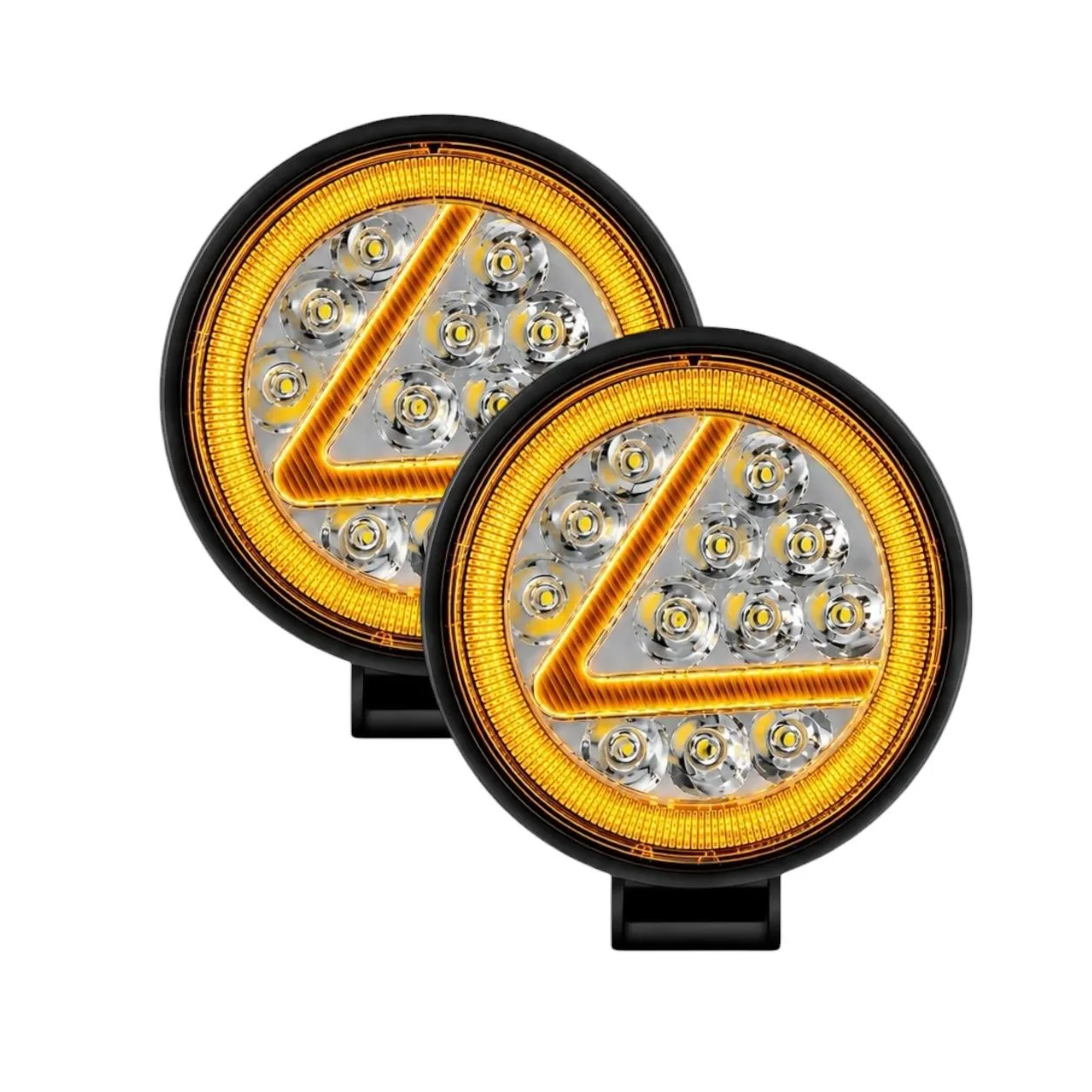 Faro LED circular luz blanca y "Aro y <" de color amarillo
