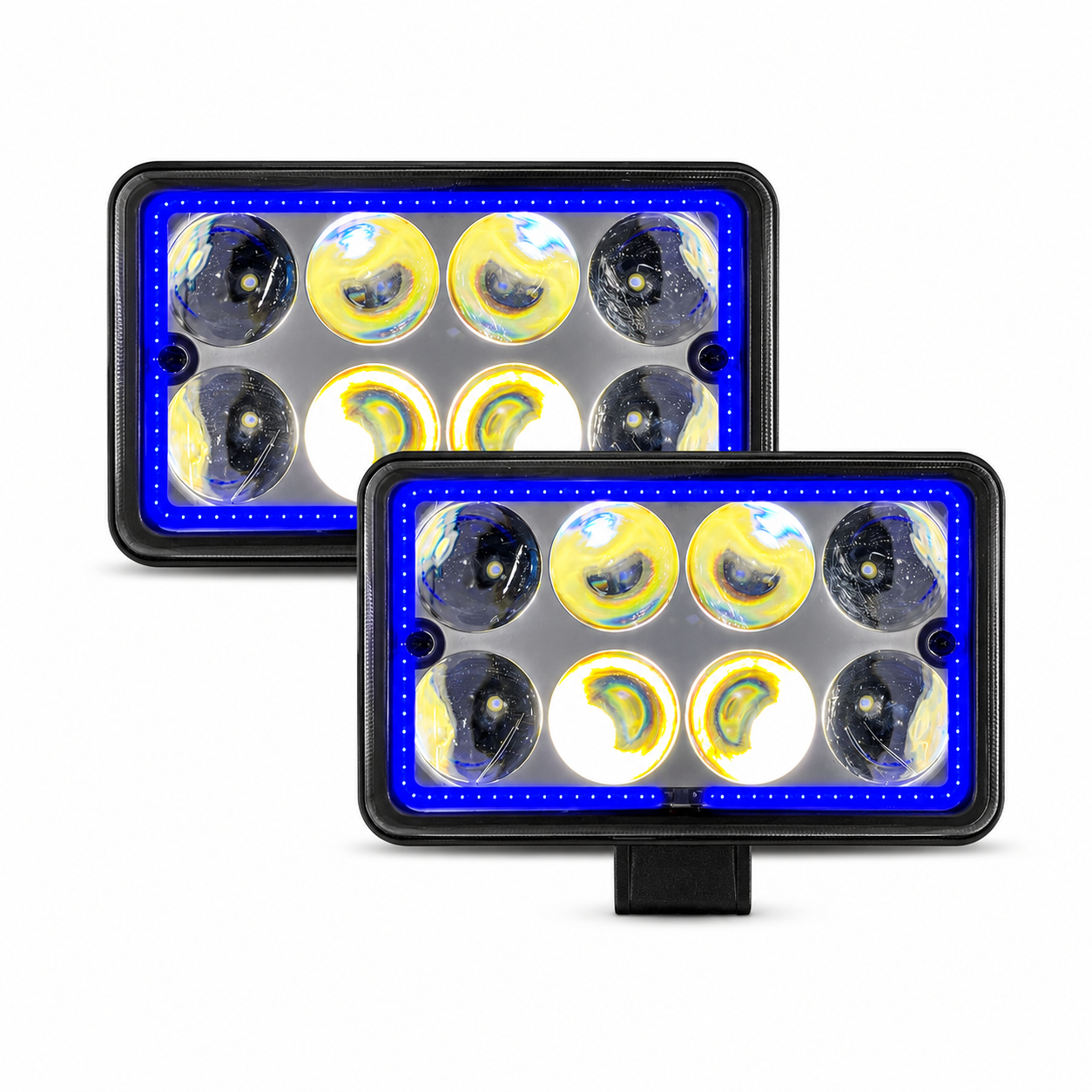 Faro rectangular de 8 lupas blanco con arillo azul
