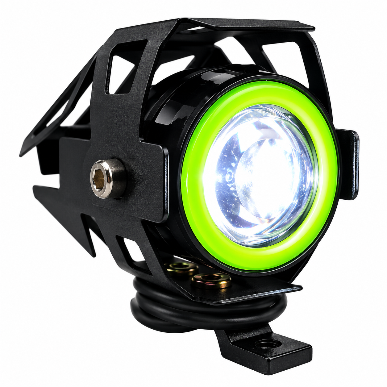 Faro LED mini para moto con arillo verde y luz blanca