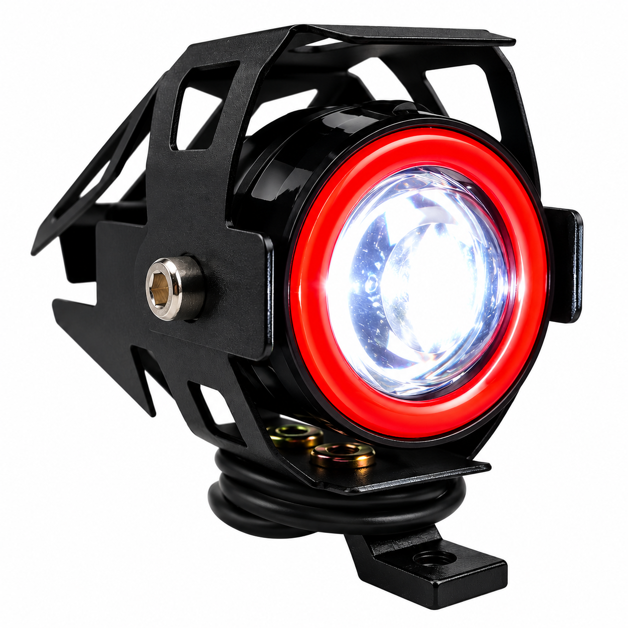 Faro LED mini para moto con arillo roja y luz blanca