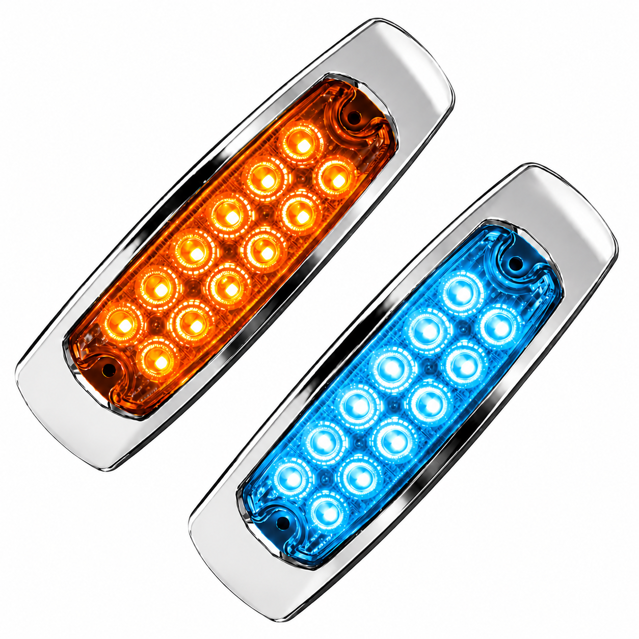 Plafón lateral de 12 LED bicolor ámbar/azul hielo con base de acero inoxidable