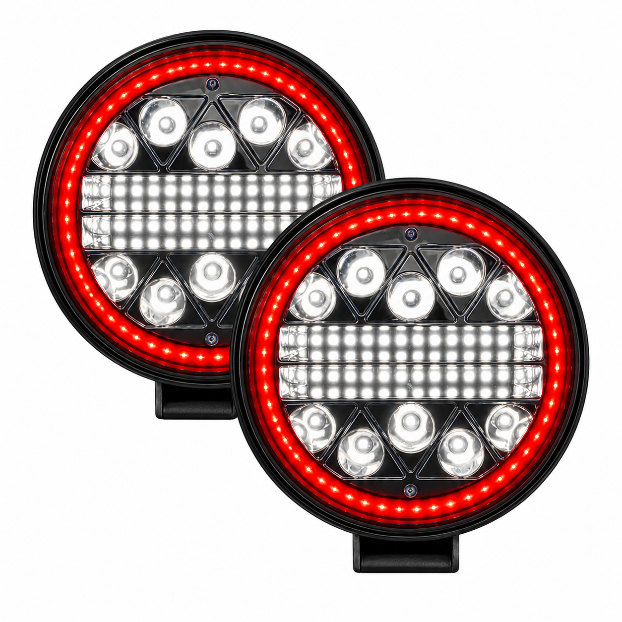 Faro LED redondo con aro rojo y luz blanca de alta potencia