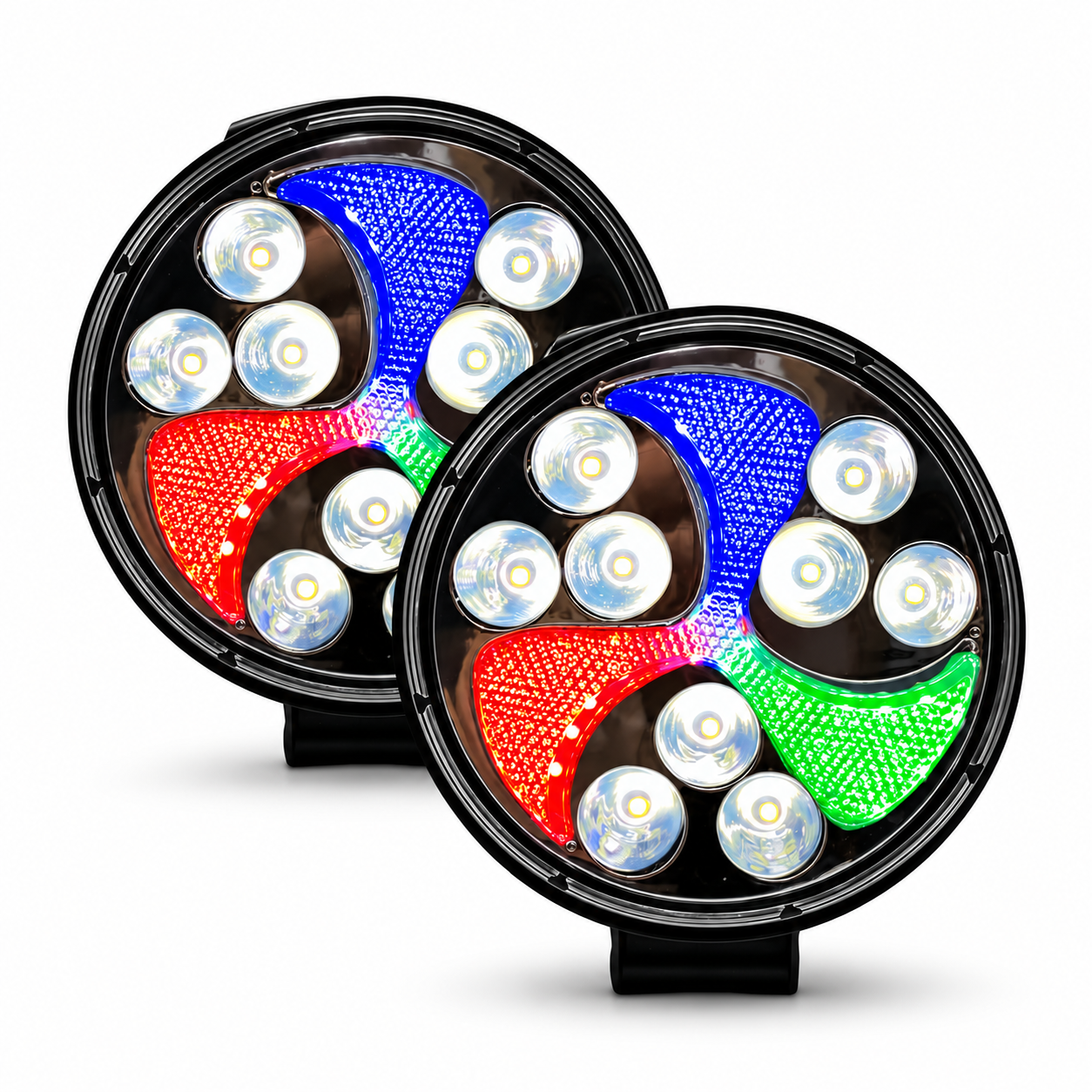 Faro redondo de 9 LED con estrobo y ojo de ángel espiral RGB
